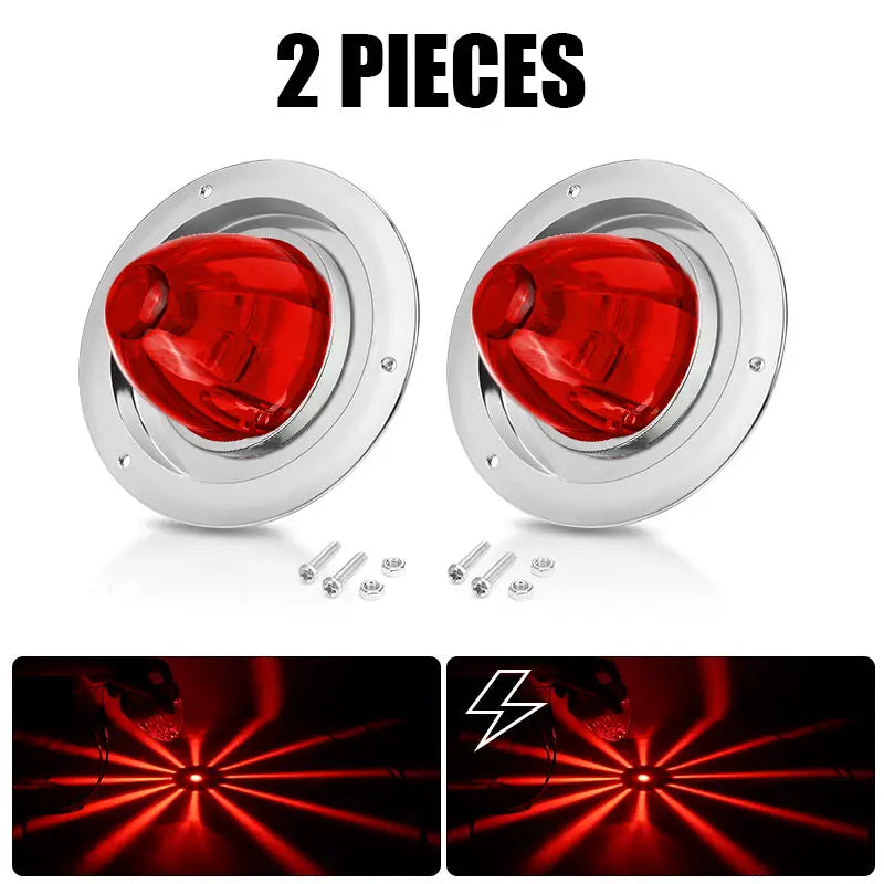 Two heavy duty LED marker strobe lights for vehicles, showing the front and back views.