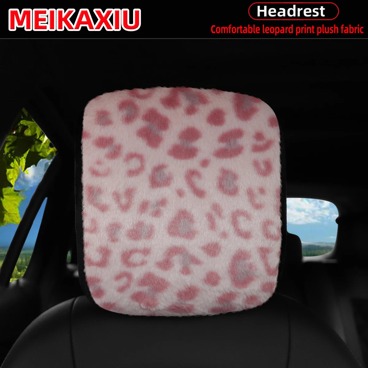 A pink leopard print plush fabric car headrest pillow cover shown inside a car seat.