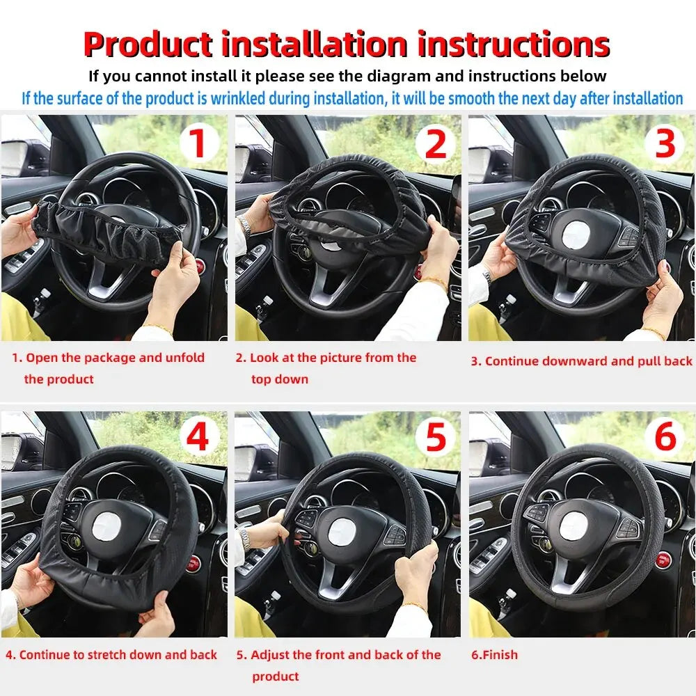 Instructions for installing an embossed leather steering wheel cover in a car.