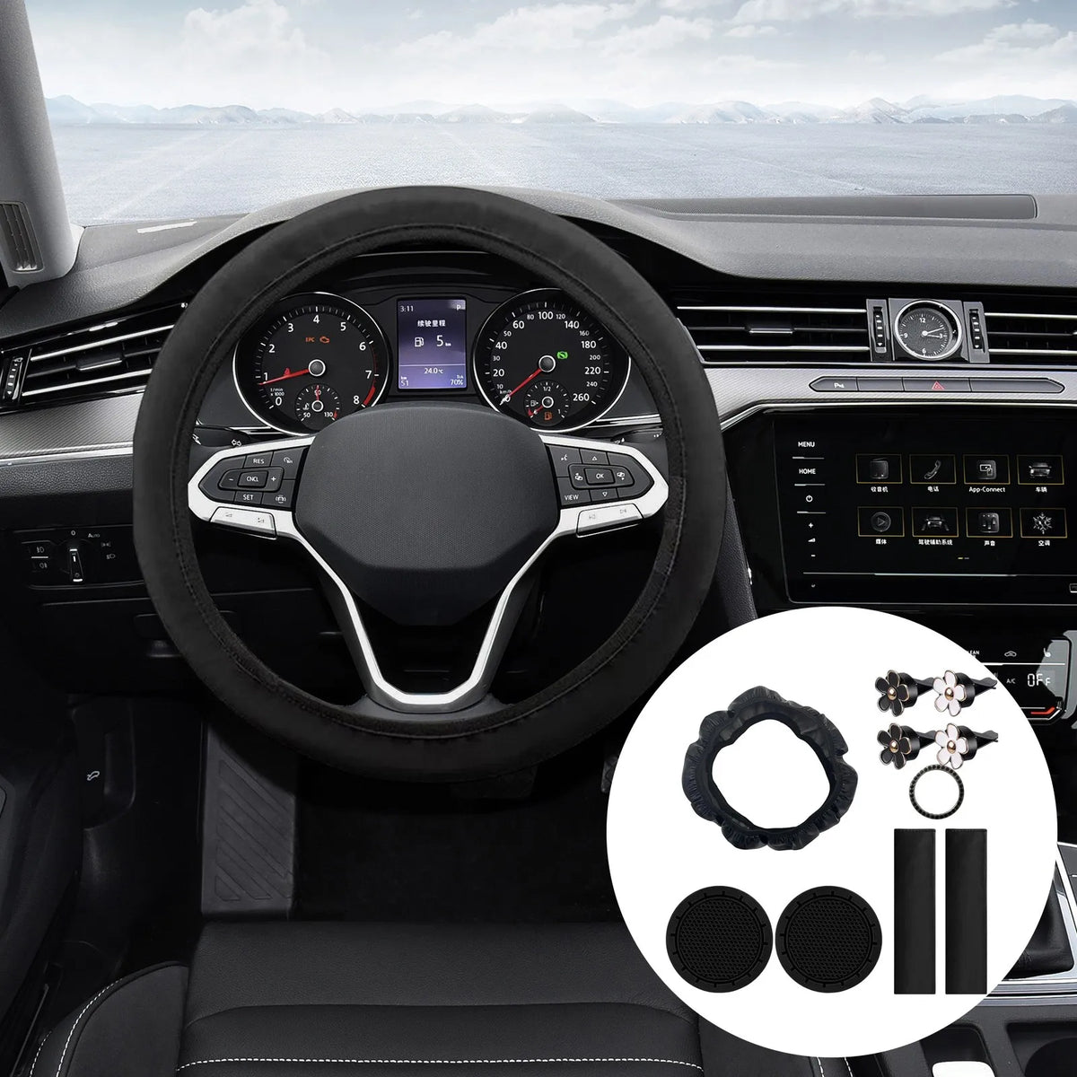 A close-up view of a car interior showing a steering wheel, dashboard controls, and various accessory pads.