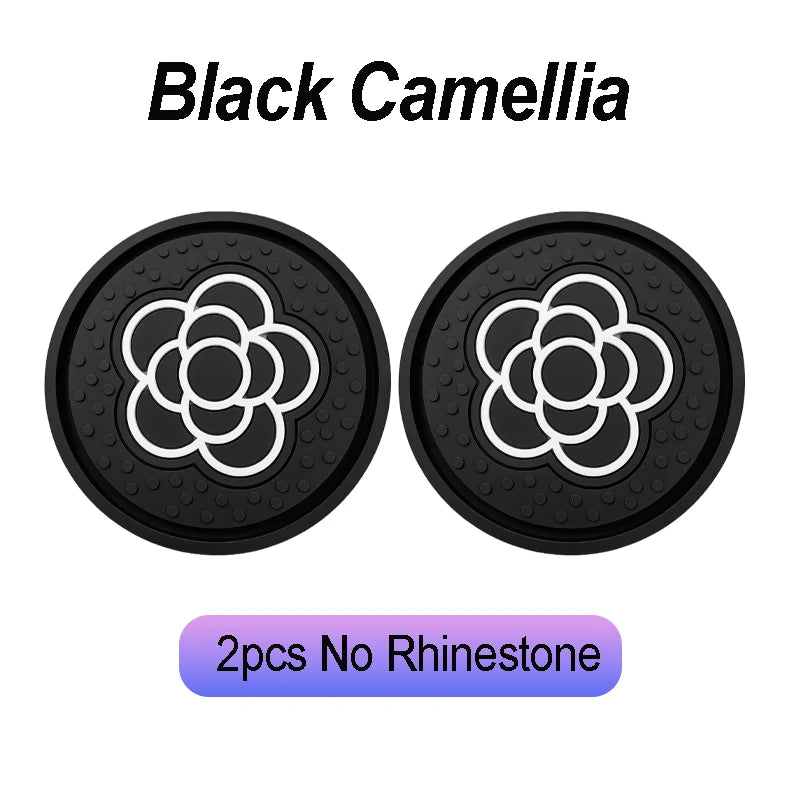 Two black Camellia flower design coasters with no rhinestone, non-slip and waterproof.