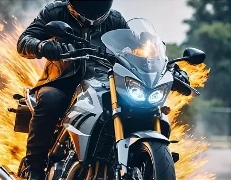 A person riding a motorcycle with dynamic devil's eye car headlights illuminated by bright flames.