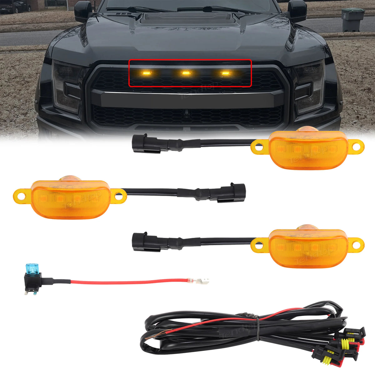 LED light kit for a truck front grille, showing various orange and yellow marker lights and wiring.