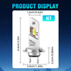 Display of an H7 LED headlight bulb with a silver housing and yellow light, showing its dimensions.