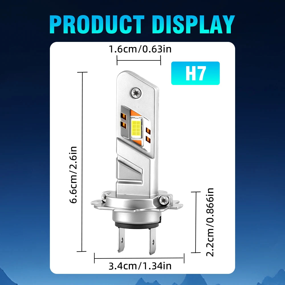 Display of an H7 LED headlight bulb with a silver housing and yellow light, showing its dimensions.