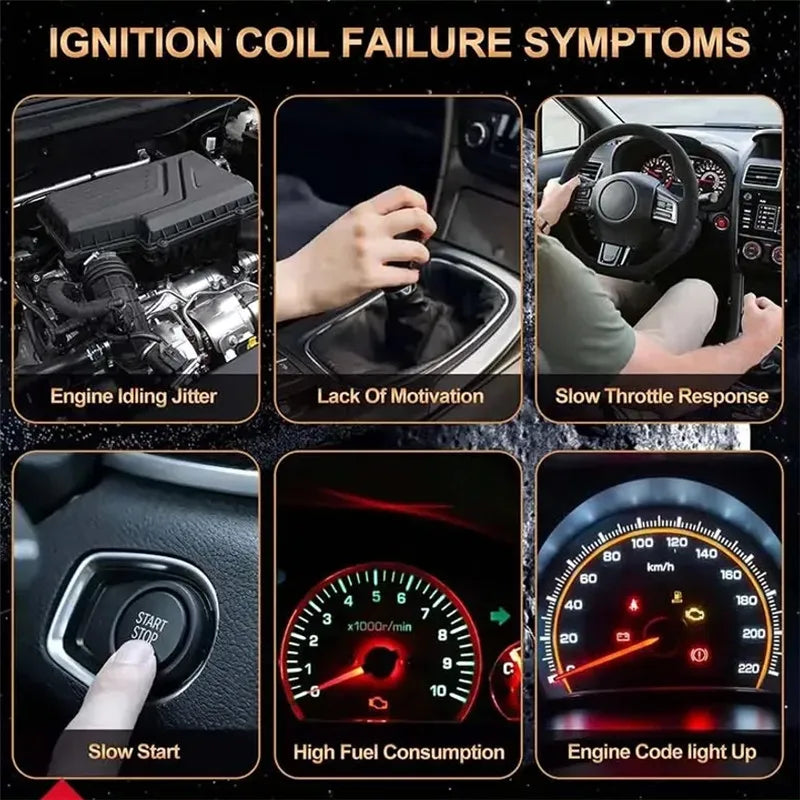 Diagram showing ignition coil failure symptoms, including engine idling jitter, lack of motivation, and slow throttle respons