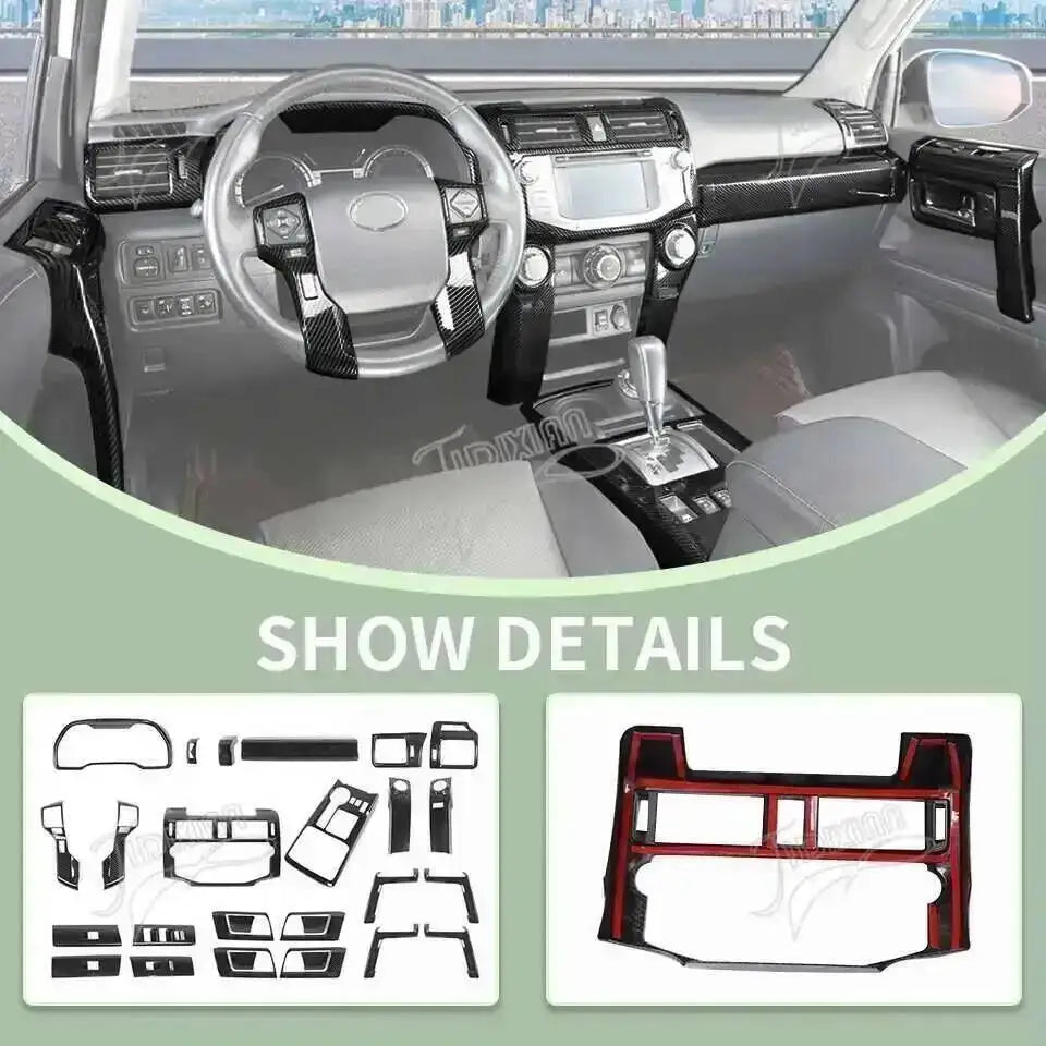Carbon fiber grain interior and exterior decoration for a Toyota 4Runner showing detailed components.