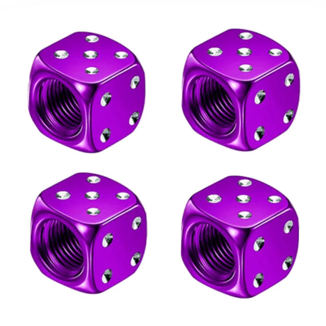 A set of four metallic purple hex aluminum alloy tire valve caps shown from above.