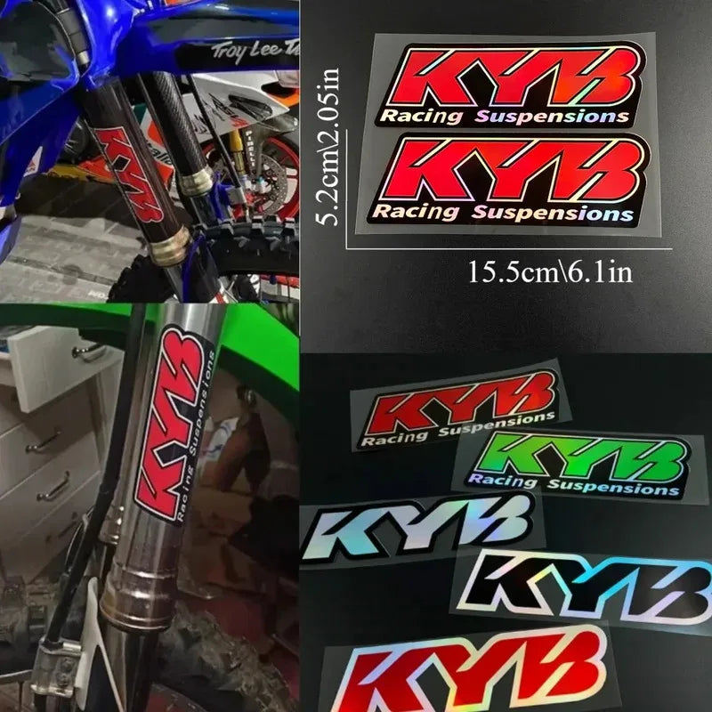 Close-up view of KYB racing suspension decals and components for motorcycle forks.