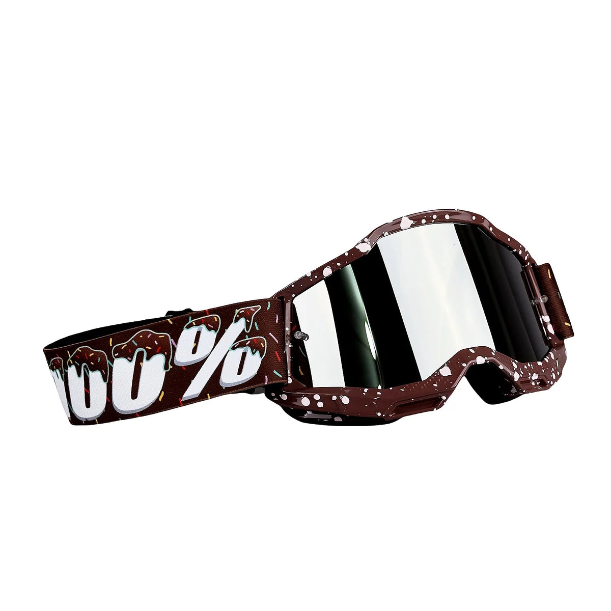 Braune Fahrradbrille mit Splattermuster auf Rahmen und Glas