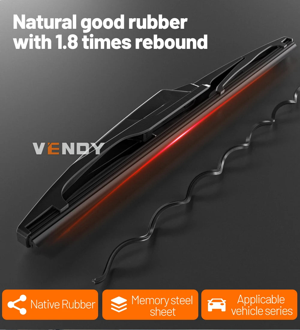 A close-up view of a black wiper blade with a red accent, highlighting its natural rubber material and memory steel sheet.