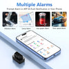 An iPhone displaying alarm settings options next to an OBD2 GPS tracker device.