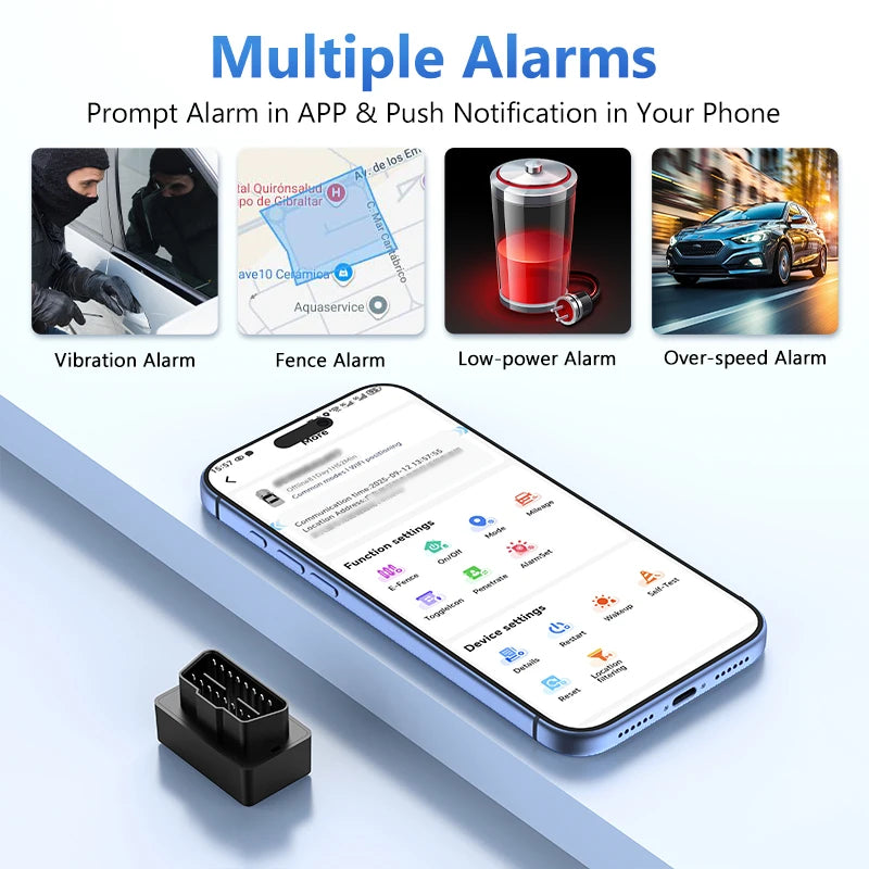 An iPhone displaying alarm settings options next to an OBD2 GPS tracker device.