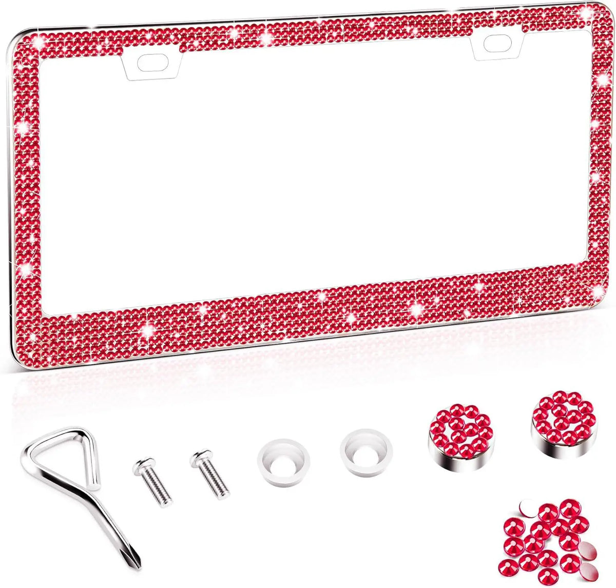 A red rhinestone license plate frame with mounting hardware and decorative elements.