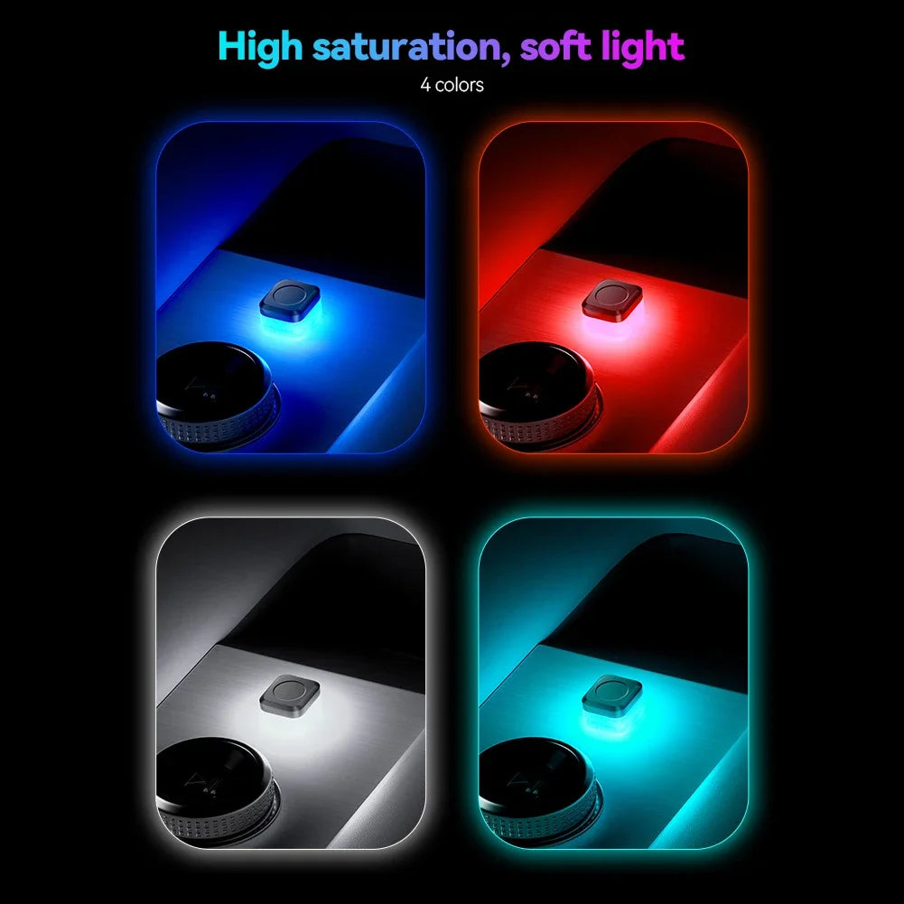 Four variations of universal car USB ambient LED lights showing different colors and light patterns.
