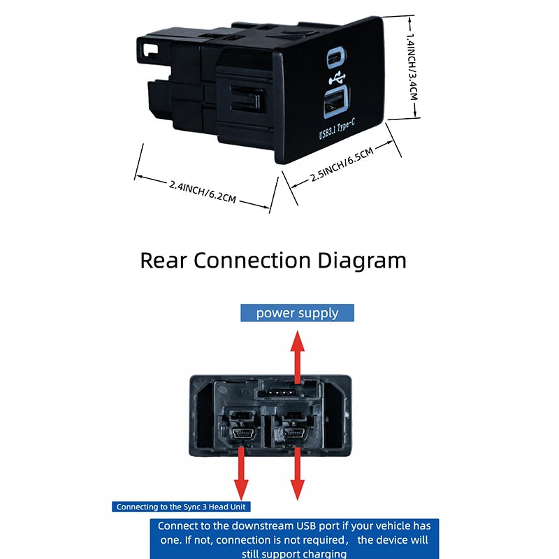 Rear connection diagram showing how to connect the device to the downstream USB port in a vehicle.