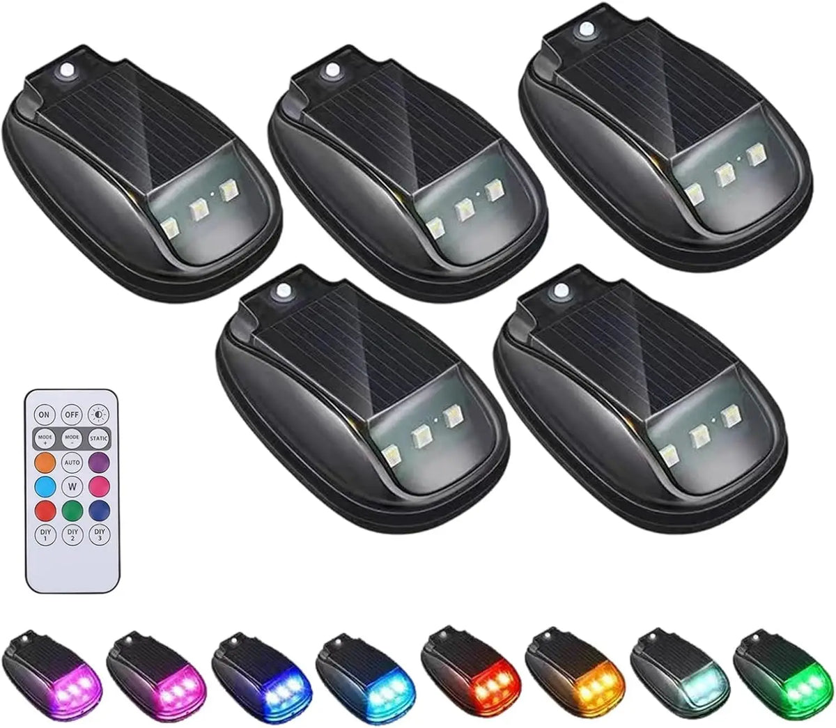 A set of black solar-powered RGB roof marker lights for trucks and SUVs, including various light patterns.