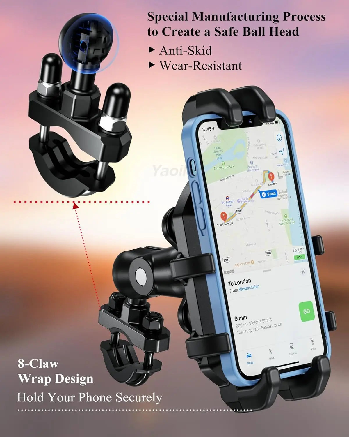 A heavy-duty motorcycle phone mount featuring an anti-skid ball head and an 8-claw wrap design securing a smartphone.