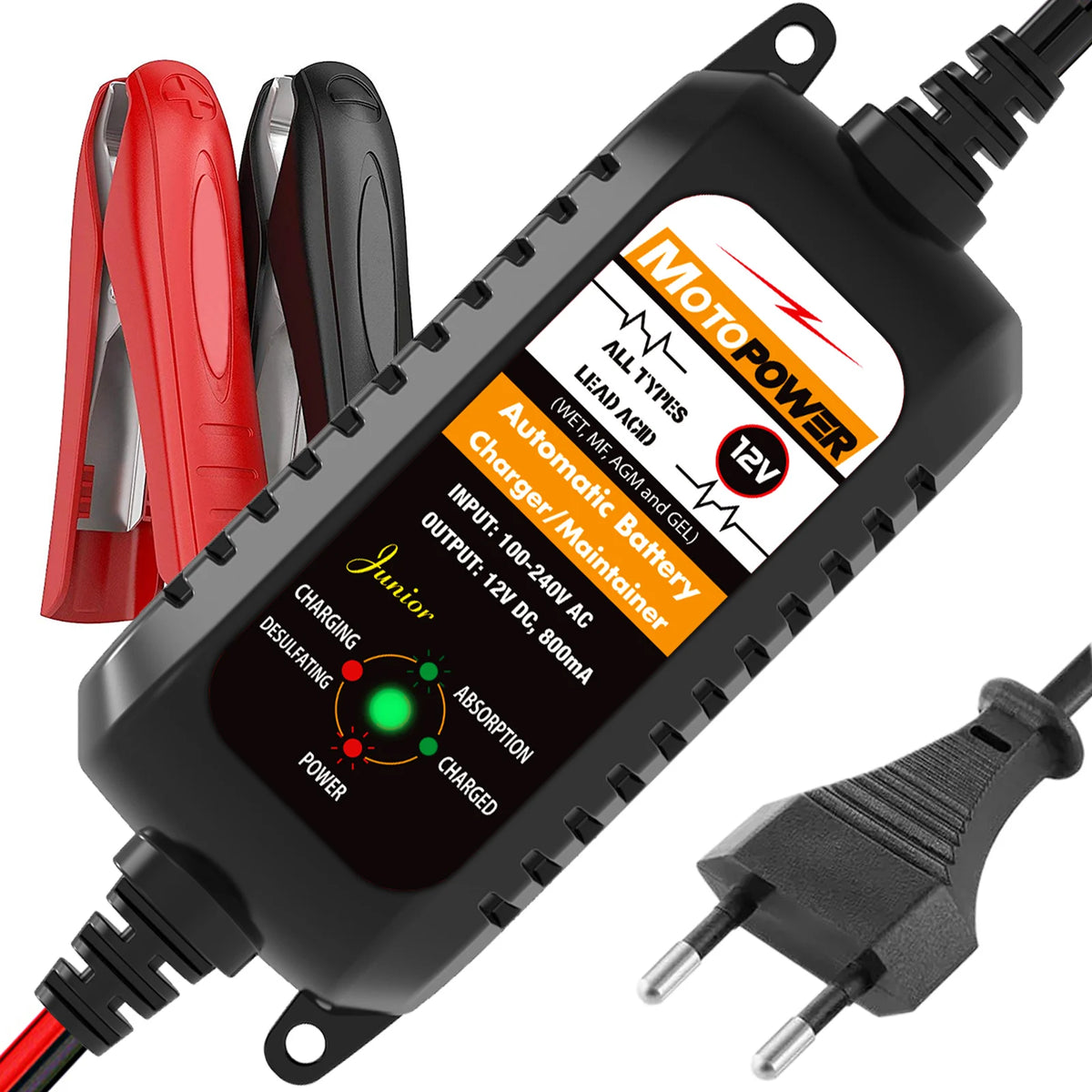 Schwarzer Motorradbatterieladegerät mit rotem Stecker und Kabel