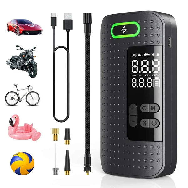 A black portable digital air compressor device shown with various accessories for inflating tires on cars, motorcycles, and b