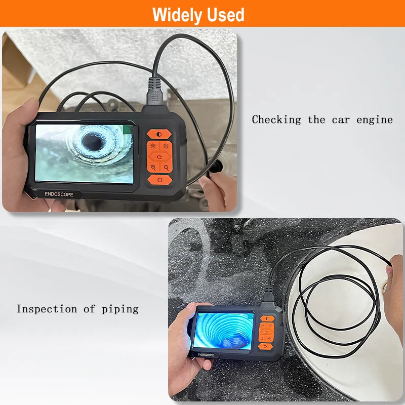 A handheld industrial endoscope probe is shown being used for checking a car engine and inspecting piping.
