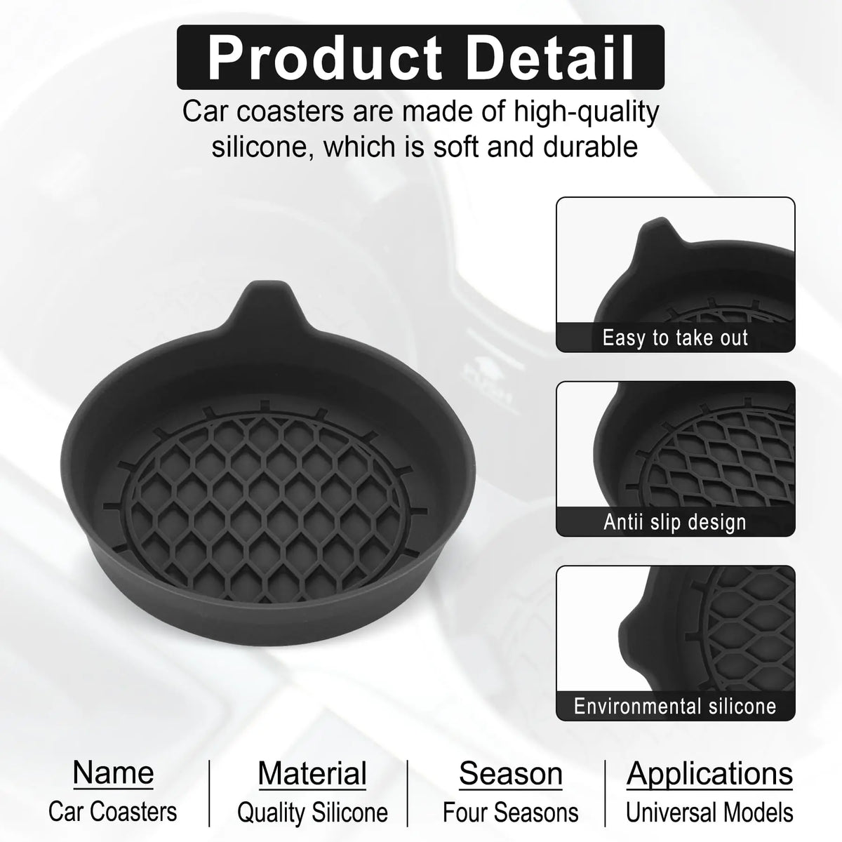 A black silicone car coaster is shown with anti-slip texture and an environmental design.