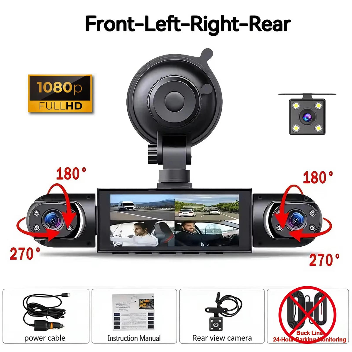 Caméra dashcams avant-gauche-droite-arrière 1080p avec couverture à 360 degrés et options de montage