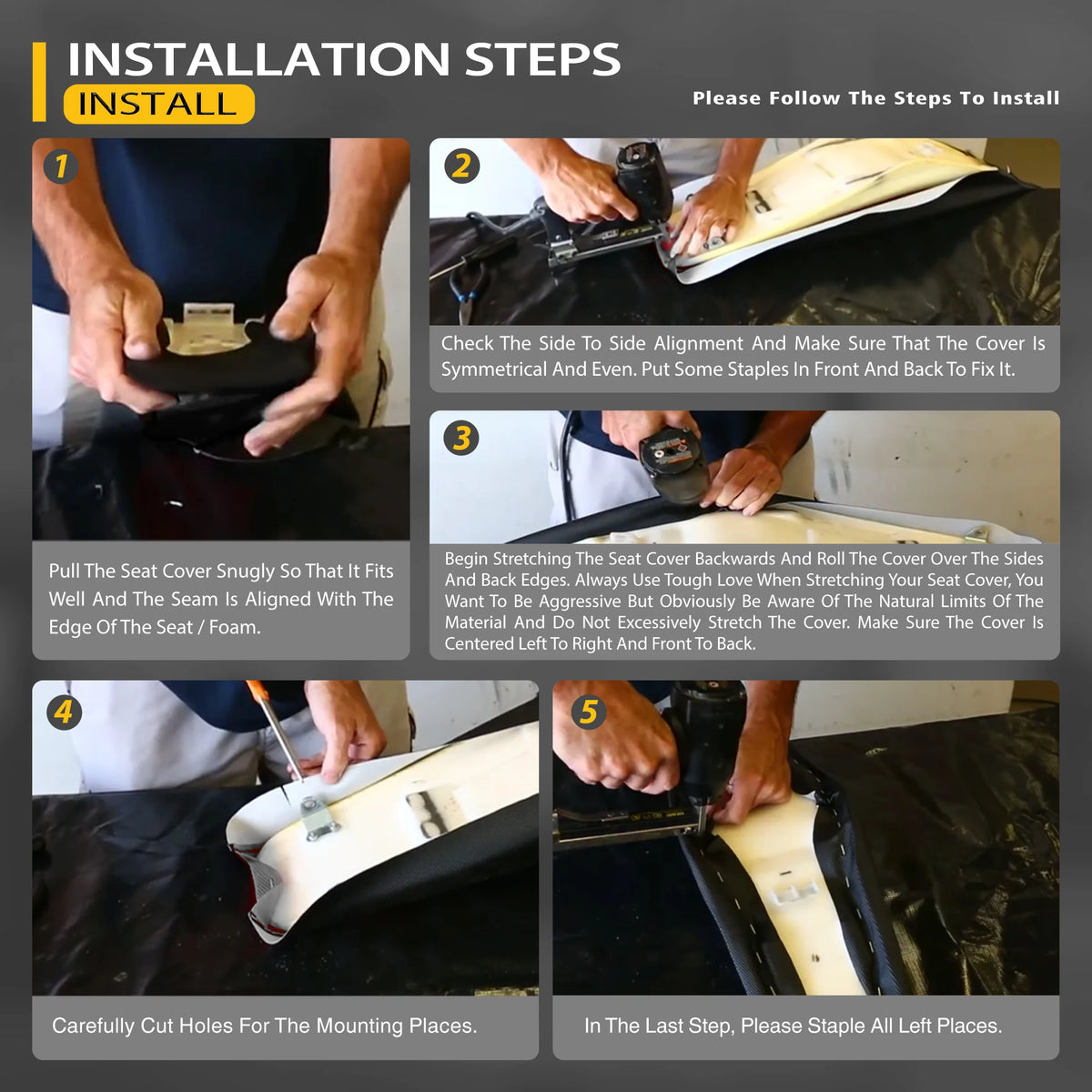 Installation steps for a universal motorcycle seat cover showing how to fit and secure the cover.