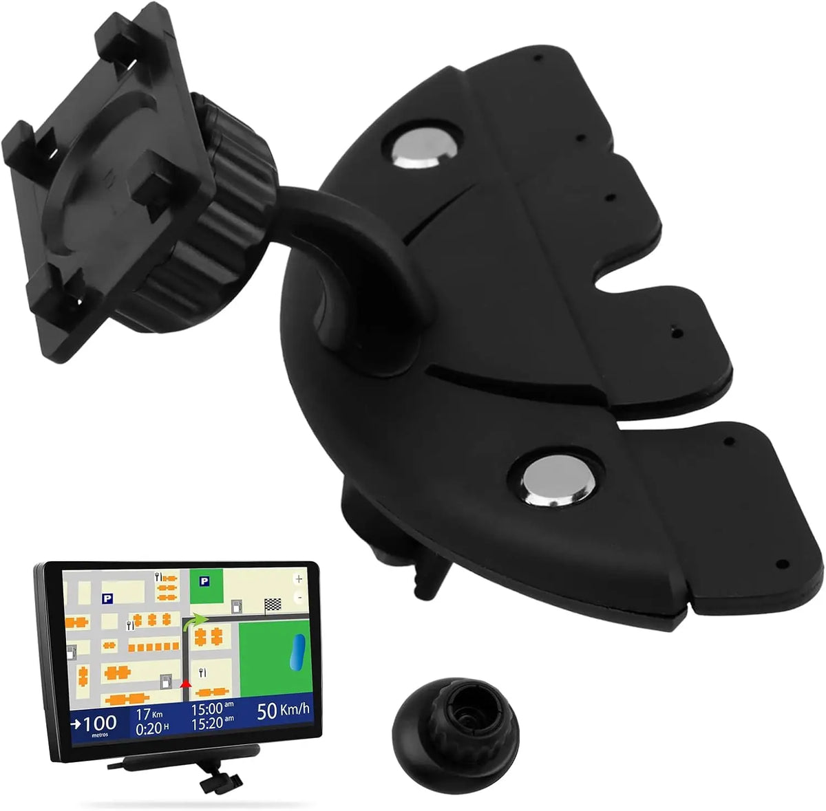 Black 360° rotatable CD slot mount for CarPlay screens and GPS units with a display screen shown below.