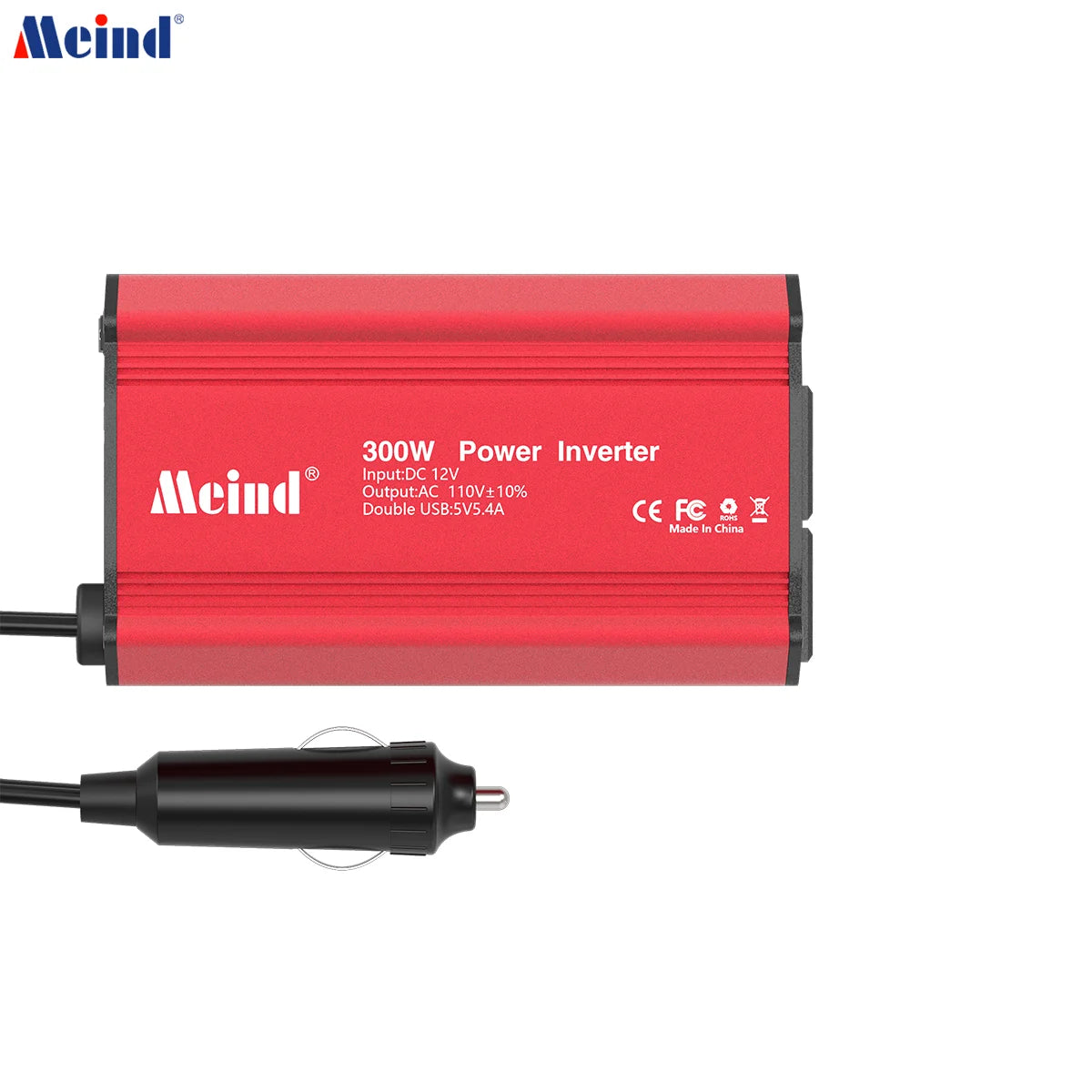 A red 300W Power Inverter device with a black plug is shown.