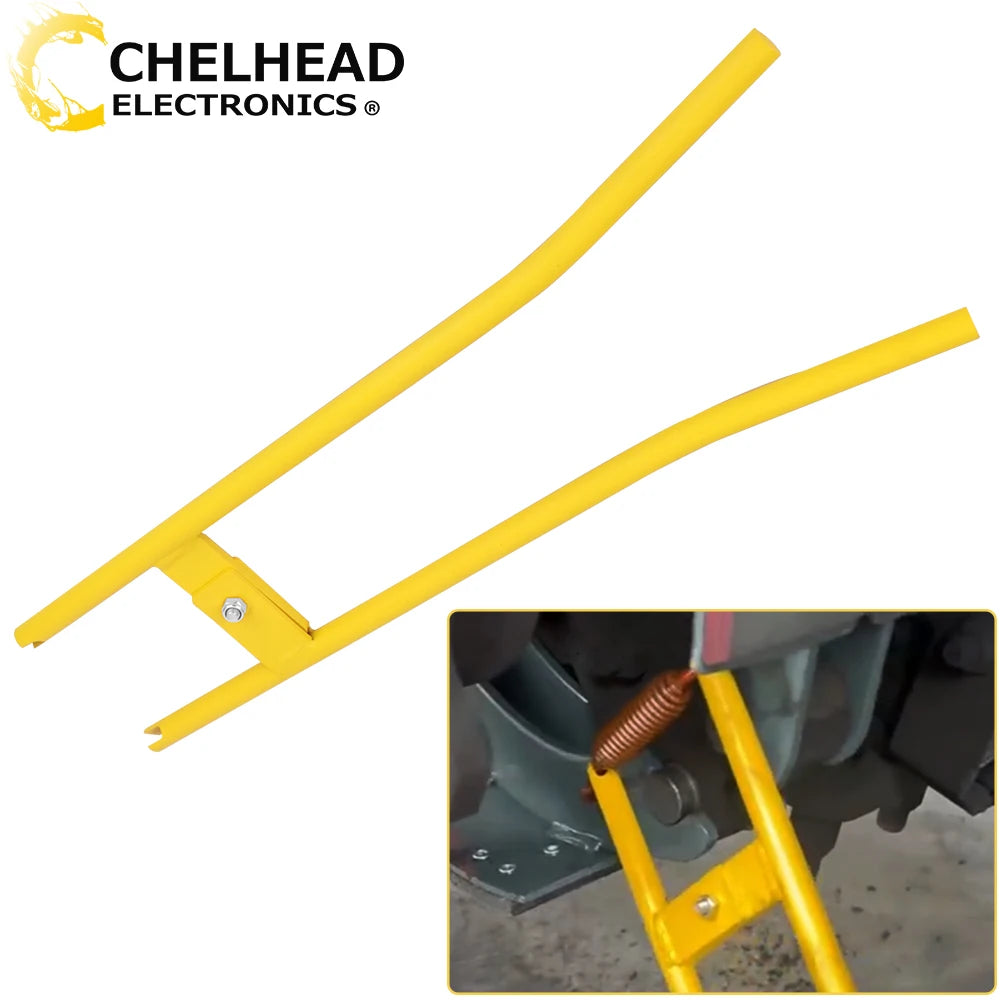 Yellow heavy duty truck brake spring removal and installation tool shown in a close-up view.
