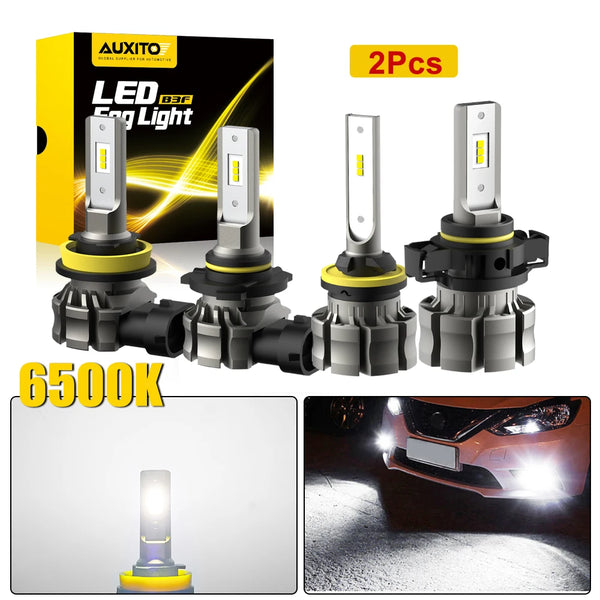 Two pairs of LED fog light bulbs for a car, showing the product and its brightness.
