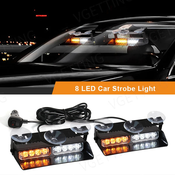 A set of 8 LED car strobe lights mounted on a black base for vehicle warning.