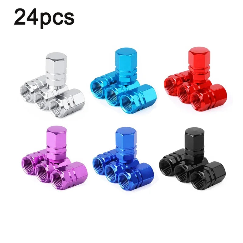 A set of 24 aluminum alloy tire valve caps in various colors including silver, blue, red, and black.