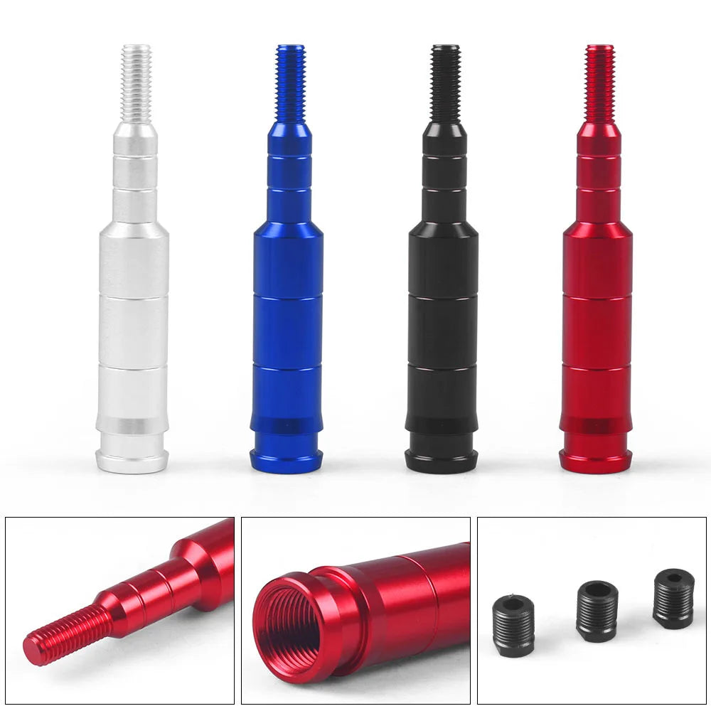 Red and black aluminum gear knob extensions for Honda shift levers shown in various forms.