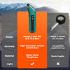 A digital tire pressure gauge in teal and silver is shown with specifications for range, accuracy, material, and light.
