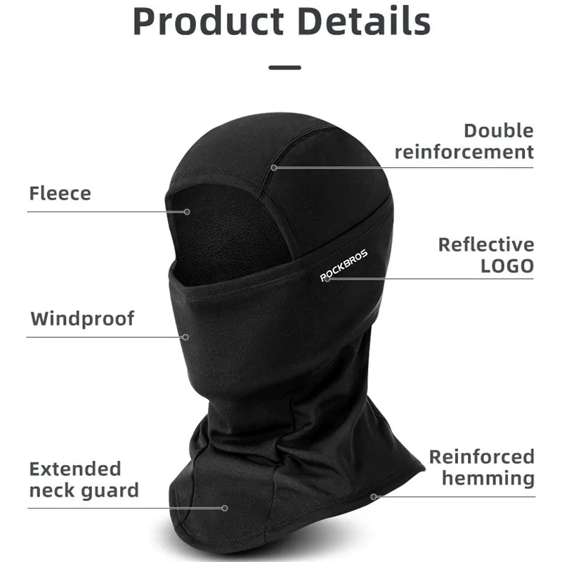 Black thermal fleece balaclava featuring double reinforcement, windproof material, reflective logo, and reinforced hemming.