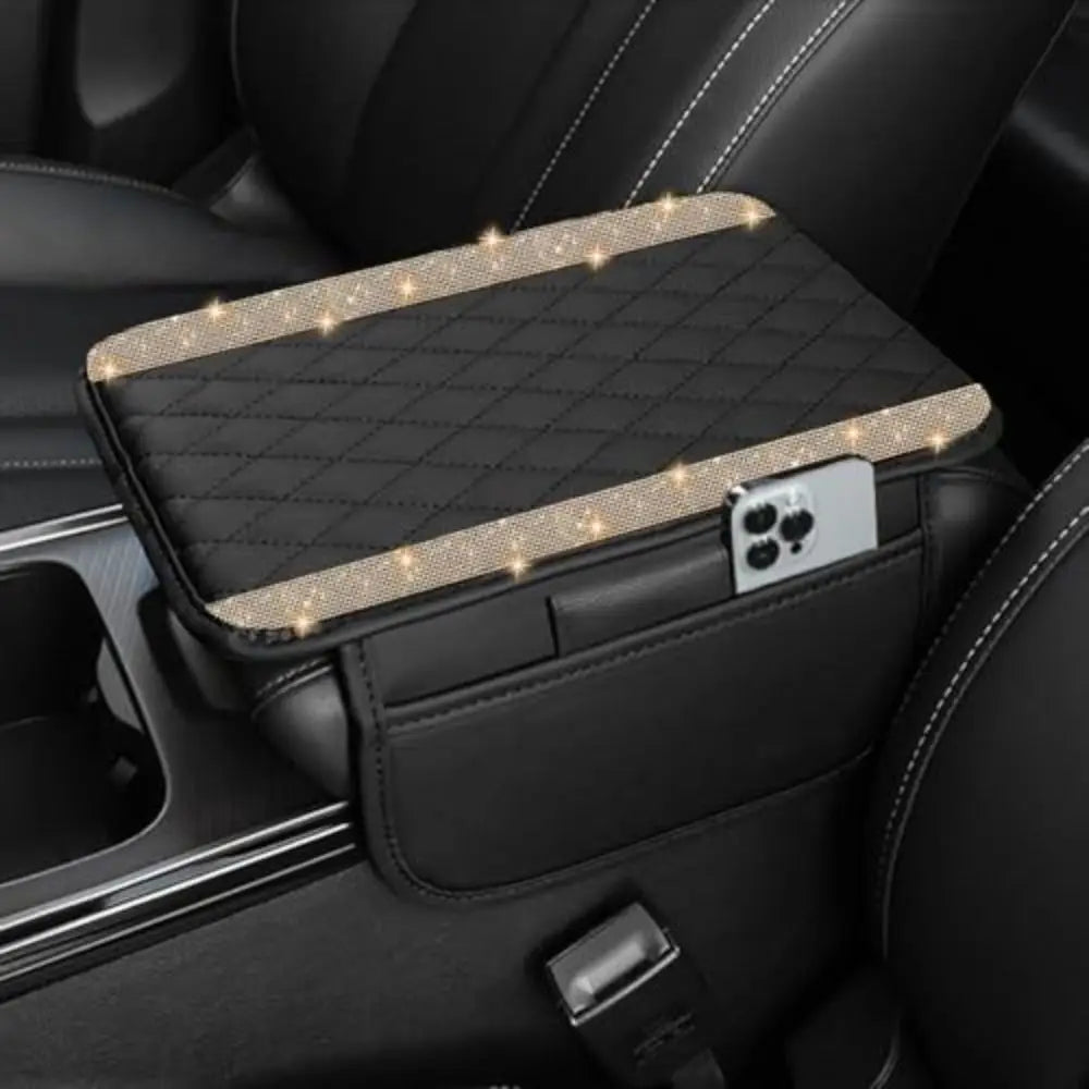 A black car console cover with a diamond grid pattern and decorative lights is shown inside a vehicle interior.