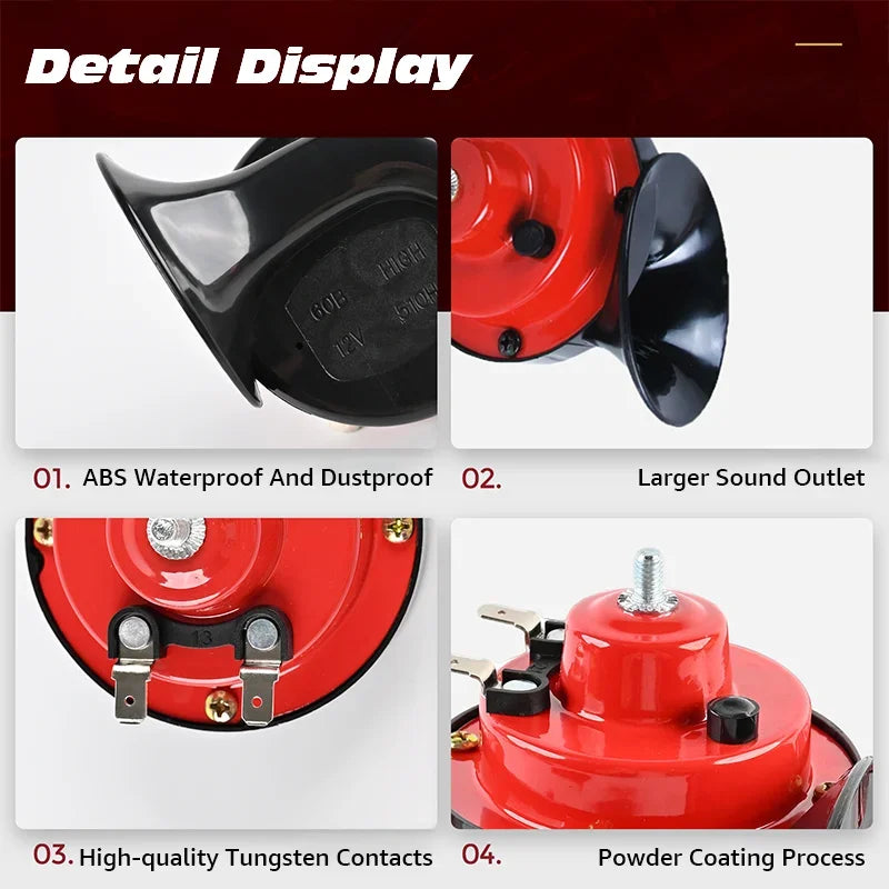 Detail display showing components of a 12V waterproof snail horn including ABS material, sound outlet, and tungsten contacts.