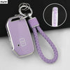 A purple TPU car key fob cover protector attached to a metal chain and lanyard.