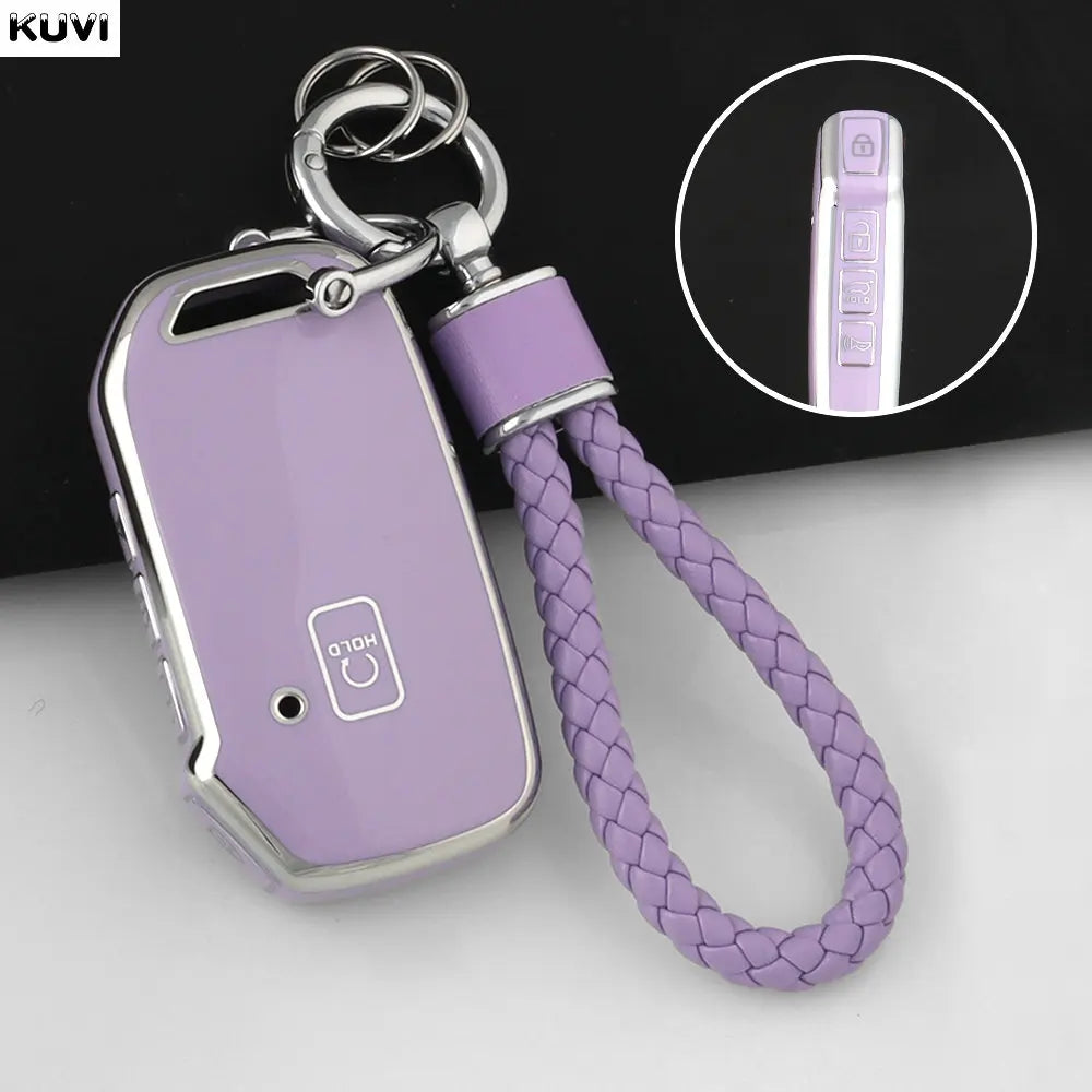 A purple TPU car key fob cover protector attached to a metal chain and lanyard.