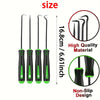 A set of six black and green precision oil seal and O-ring removal hooks shown with a size reference.