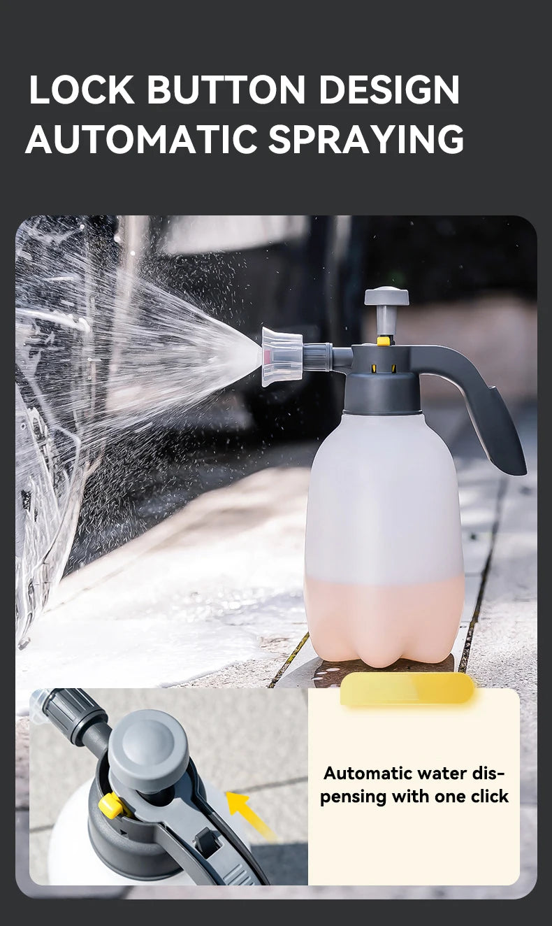 A hand pump automatic sprayer is shown dispensing water onto a surface, demonstrating its automatic water dispensing feature.
