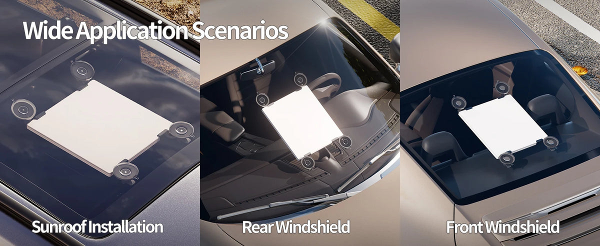 Three scenarios showing a car suction mount for Starlink Mini installation on the sunroof, rear windshield, and front windshi