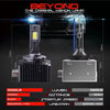 A set of high-performance automotive LED upgrade bulbs showing the components and specifications for car headlights.