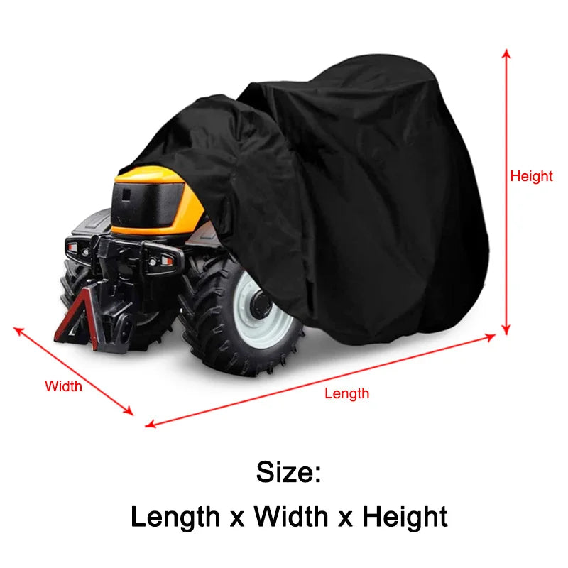 Cubierta protectora pesada y negra para ATV o quad, con líneas de dimensión.