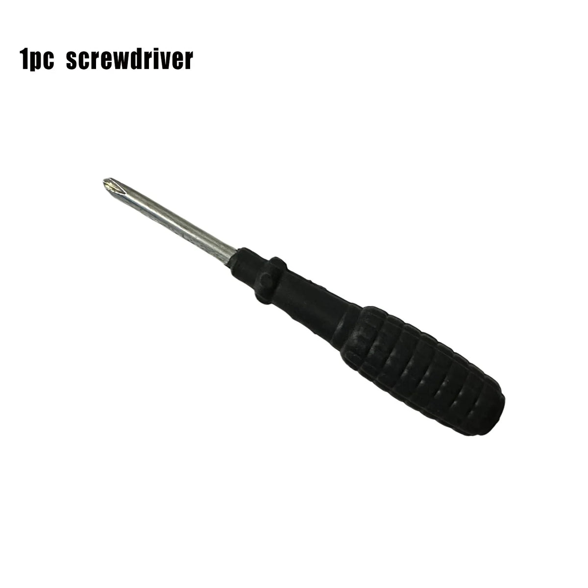 A single screwdriver with a metal shaft and a black, textured handle.
