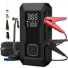 A black multi-function jump starter and air compressor kit with various diagnostic indicators and accessories.