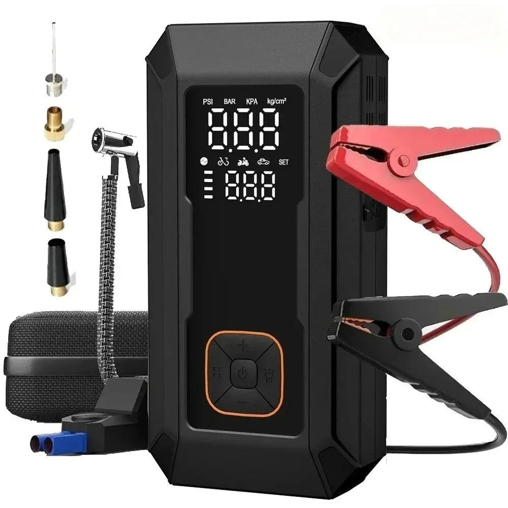 A black multi-function jump starter and air compressor kit with various diagnostic indicators and accessories.