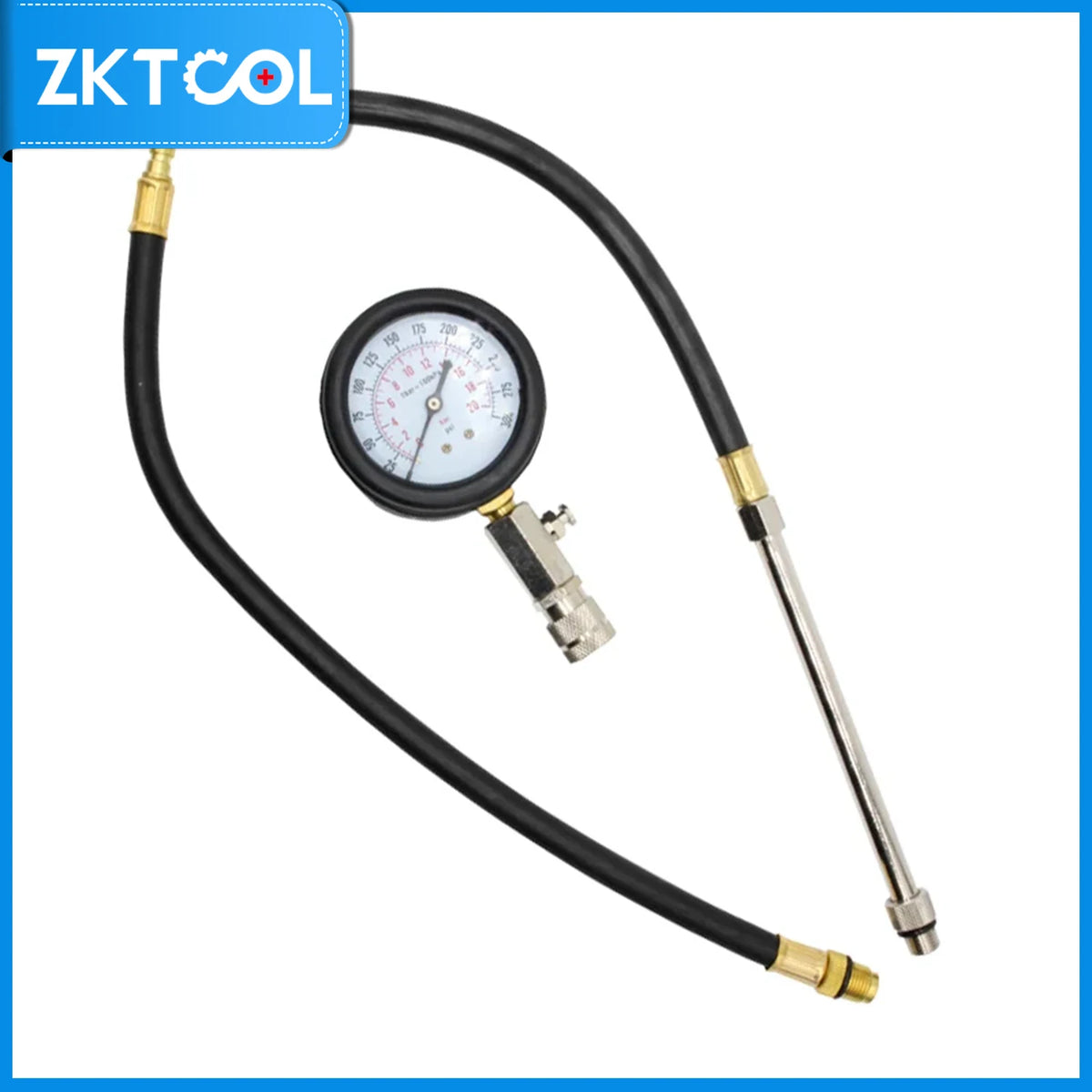 A portable engine compression tester kit featuring a black hose, gauge, and metal fittings.